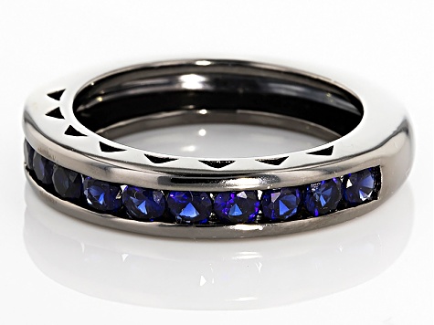 Pre-Owned Blue Lab Created Sapphire Black Rhodium Over Sterling Silver Gents Wedding Band Ring 1.51c