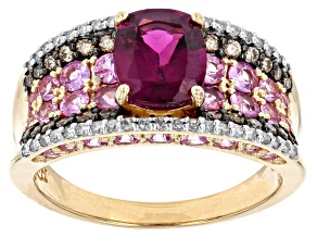Pre-Owned Rhodolite Garnet, Pink Sapphire, White And Champagne Diamond 14k Yellow Gold Ring 4.14ctw