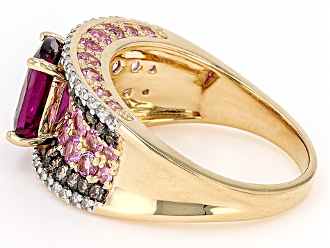 Pre-Owned Rhodolite Garnet, Pink Sapphire, White And Champagne Diamond 14k Yellow Gold Ring 4.14ctw