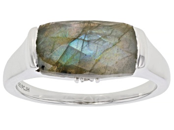 Picture of Pre-Owned Gray Labradorite With White Zircon Rhodium Over Sterling Silver Ring .01ctw