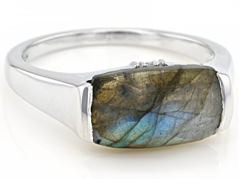 Pre-Owned Gray Labradorite With White Zircon Rhodium Over Sterling Silver Ring .01ctw