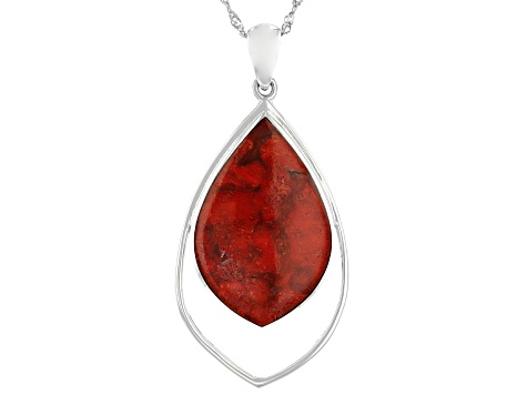 Pre-Owned Red Coral Rhodium Over Sterling Silver Pendant With Chain