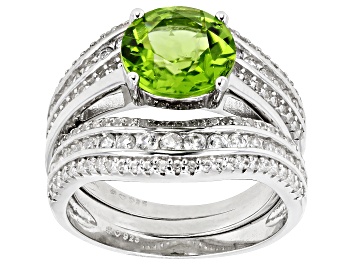Picture of Pre-Owned Green Peridot Rhodium Over Sterling Silver Ring Set 4.20ctw