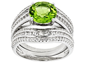 Pre-Owned Green Peridot Rhodium Over Sterling Silver Ring Set 4.20ctw