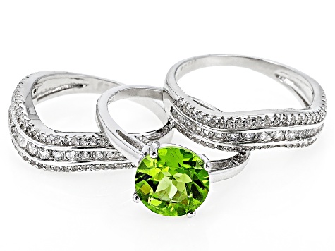 Pre-Owned Green Peridot Rhodium Over Sterling Silver Ring Set 4.20ctw