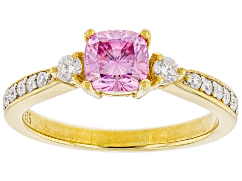 Pre-Owned Colorless and Pink moissanite 14k yellow gold over silver ring 1.00ctw DEW