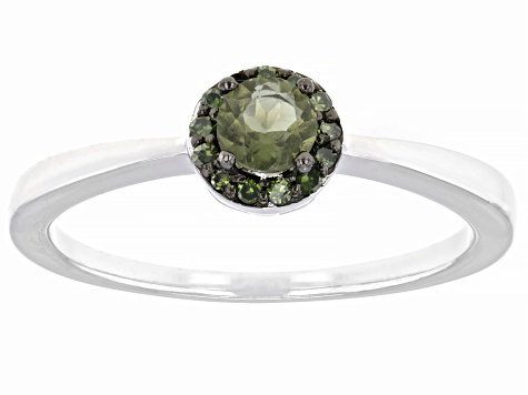 Pre-Owned Green Moldavite Rhodium Over Silver Halo Ring 0.24ctw