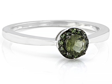 Pre-Owned Green Moldavite Rhodium Over Silver Halo Ring 0.24ctw
