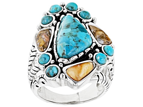 Pre-Owned Blue Blended Turquoise and Orange Spiny Oyster Shell Rhodium Over Sterling Silver Ring