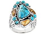 Pre-Owned Blue Blended Turquoise and Orange Spiny Oyster Shell Rhodium Over Sterling Silver Ring