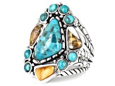 Pre-Owned Blue Blended Turquoise and Orange Spiny Oyster Shell Rhodium Over Sterling Silver Ring