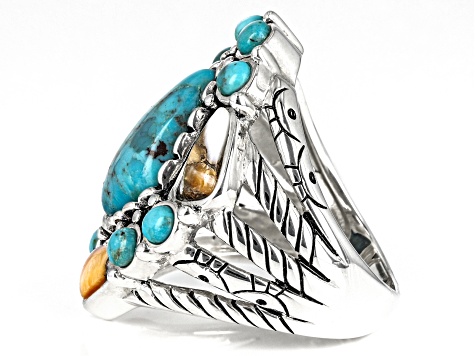 Pre-Owned Blue Blended Turquoise and Orange Spiny Oyster Shell Rhodium Over Sterling Silver Ring