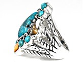 Pre-Owned Blue Blended Turquoise and Orange Spiny Oyster Shell Rhodium Over Sterling Silver Ring
