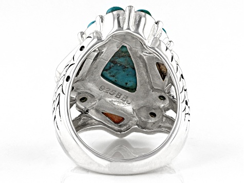 Pre-Owned Blue Blended Turquoise and Orange Spiny Oyster Shell Rhodium Over Sterling Silver Ring