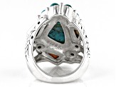 Pre-Owned Blue Blended Turquoise and Orange Spiny Oyster Shell Rhodium Over Sterling Silver Ring