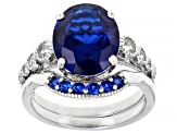 Pre-Owned Blue Lab Created Spinel Rhodium Over Sterling Silver Ring Set 4.39ctw