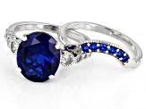Pre-Owned Blue Lab Created Spinel Rhodium Over Sterling Silver Ring Set 4.39ctw