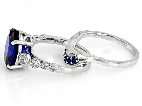 Pre-Owned Blue Lab Created Spinel Rhodium Over Sterling Silver Ring Set 4.39ctw