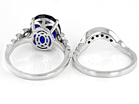 Pre-Owned Blue Lab Created Spinel Rhodium Over Sterling Silver Ring Set 4.39ctw
