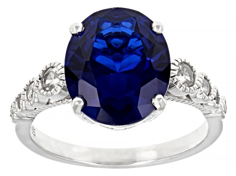 Pre-Owned Blue Lab Created Spinel Rhodium Over Sterling Silver Ring Set 4.39ctw