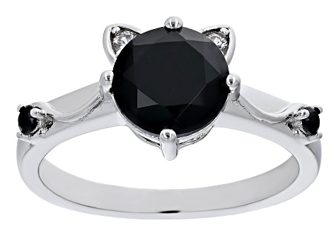 Pre-Owned Black Spinel With White Zircon Rhodium Over Sterling Silver Cat Ring