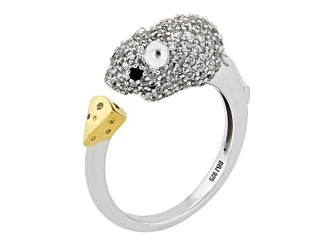 Pre-Owned White Zircon with Black Spinel Rhodium Over Sterling Silver "Year of the Rat" Ring 1.20ctw