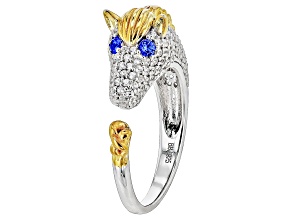 Pre-Owned White Zircon & Lab Blue Spinel Rhodium & 18k Gold Over Silver "Year of the Horse" Ring 1.1