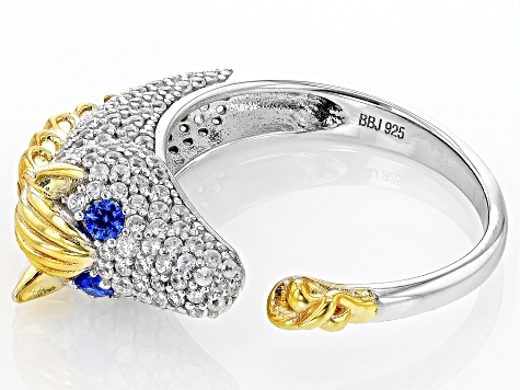 Pre-Owned White Zircon & Lab Blue Spinel Rhodium & 18k Gold Over Silver "Year of the Horse" Ring 1.1