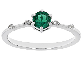 Picture of Pre-Owned Green Lab Emerald With White Zircon Rhodium Over Sterling Silver May Birthstone Ring .45ct
