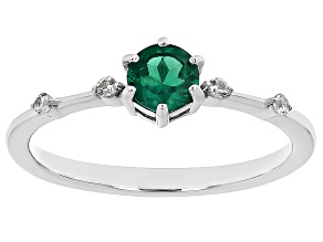 Pre-Owned Green Lab Emerald With White Zircon Rhodium Over Sterling Silver May Birthstone Ring .45ct