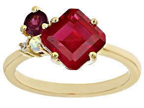 Pre-Owned Red Lab Created Ruby 18k Yellow Gold Over Sterling Silver Ring 3.41ctw