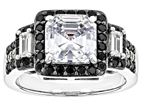 Pre-Owned Black And White Cubic Zirconia Rhodium Over Sterling Silver Asscher Cut Ring 5.73ctw