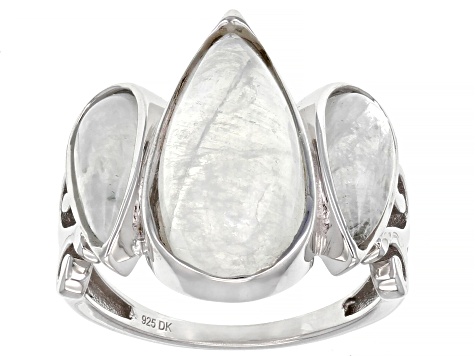 Pre-Owned Pear Rainbow Moonstone Rhodium Over Sterling Silver Ring