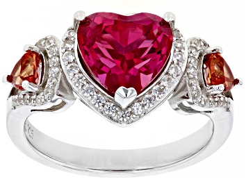 Picture of Pre-Owned Red Lab Created Padparadscha Sapphire Rhodium Over Sterling Silver Heart Ring 3.91ctw