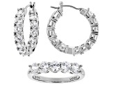Pre-Owned White Cubic Zirconia Platinum Over Sterling Silver Ring And Hoop Set in Light Up Heart Box