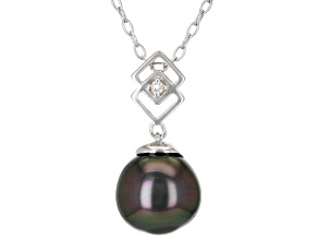 Pre-Owned Cultured Tahitian Pearl and White Topaz Rhodium Over Sterling Silver Pendant and Chain
