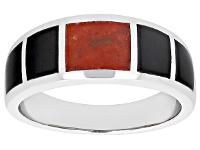 Pre-Owned Red Coral & Black Onyx Rhodium Over Silver Mens Inlay Band Ring