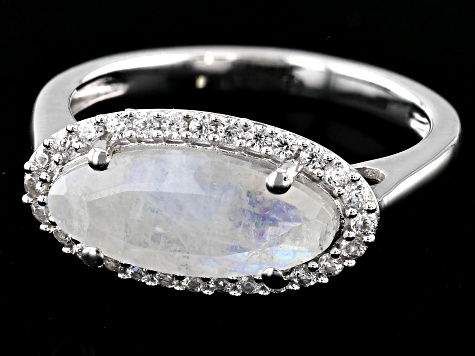 Pre-Owned White Rainbow Moonstone Rhodium Over Sterling Silver Ring 0.42ctw