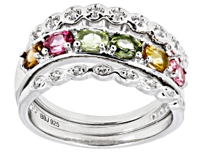 Pre-Owned Multicolor Tourmaline Rhodium Over Silver Stackable Ring 0.95ctw
