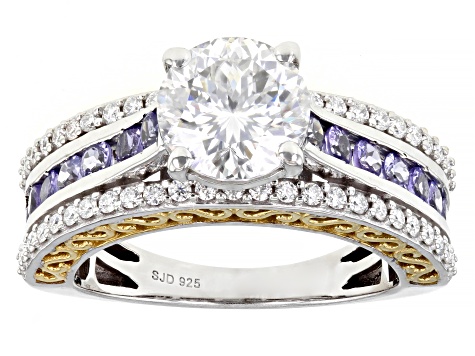 Pre-Owned Moissanite And Tanzanite Platineve and14k Yellow Gold Over Silver 2.67ctw DEW.