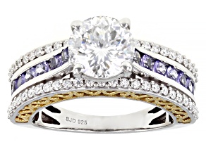 Pre-Owned Moissanite And Tanzanite Platineve and14k Yellow Gold Over Silver 2.67ctw DEW.