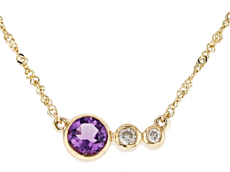 Pre-Owned Purple Amethyst And White Diamond 14k Yellow Gold February Birthstone Bar Necklace 0.44ctw