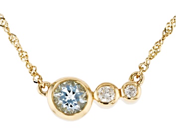 Picture of Pre-Owned Round Blue Aquamarine And White Diamond 14k Yellow Gold March Birthstone Bar Necklace 0.50