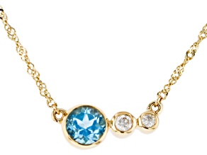 Pre-Owned Swiss Blue Topaz And White Diamond 14k Yellow Gold December Birthstone Bar Necklace 0.57ct