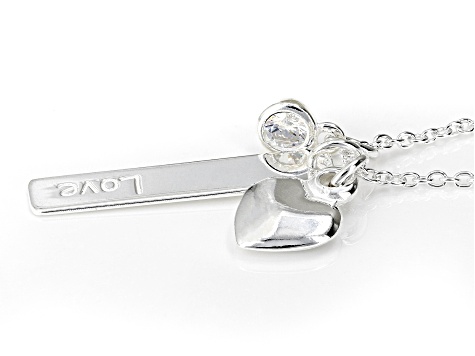 Pre-Owned Sterling Silver With White Cubic Zirconia Love Bar & Heart Pendant 18 Inch Cable Link Neck