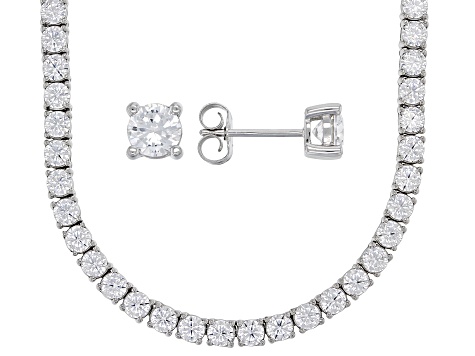 Pre-Owned Cubic Zirconia Platinum Over Silver Tennis Necklace And Earring 27th Anniversary Boxed Set