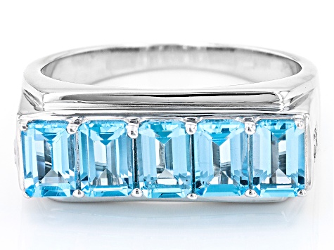 Pre-Owned Swiss Blue Topaz Rhodium Over Sterling Silver 5-Stone Men's Ring 3.09ctw