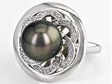 Pre-Owned Cultured Tahitian Pearl With White Zircon Rhodium Over Sterling Silver Ring