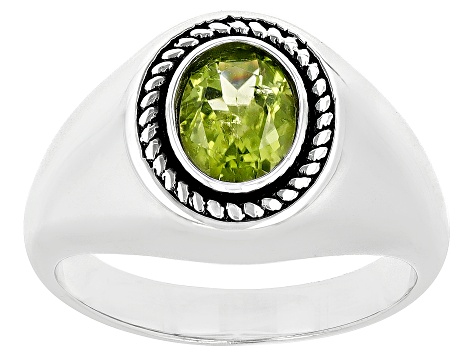 Pre-Owned Green Peridot Rhodium Over Sterling Silver Men's Solitaire Ring 1.15ct
