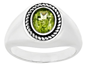 Pre-Owned Green Peridot Rhodium Over Sterling Silver Men's Solitaire Ring 1.15ct